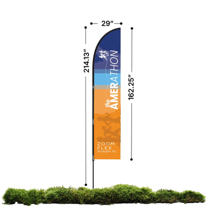 Zoom Flex XL straight flag banner with event branding and size dimensions for trade shows and special events