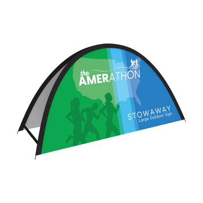 Large outdoor trade show sign featuring running silhouettes and Amerathon branding for exhibitions