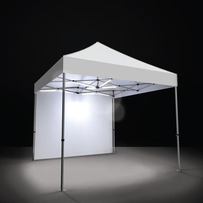 Trade show pop-up canopy tent with integrated LED lighting kit and side panel for exhibitions