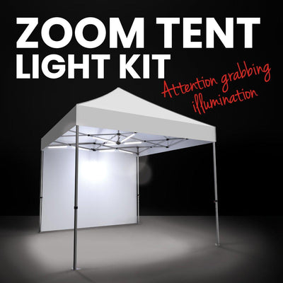Pop-up tent with LED light kit providing bright interior illumination for trade shows and events